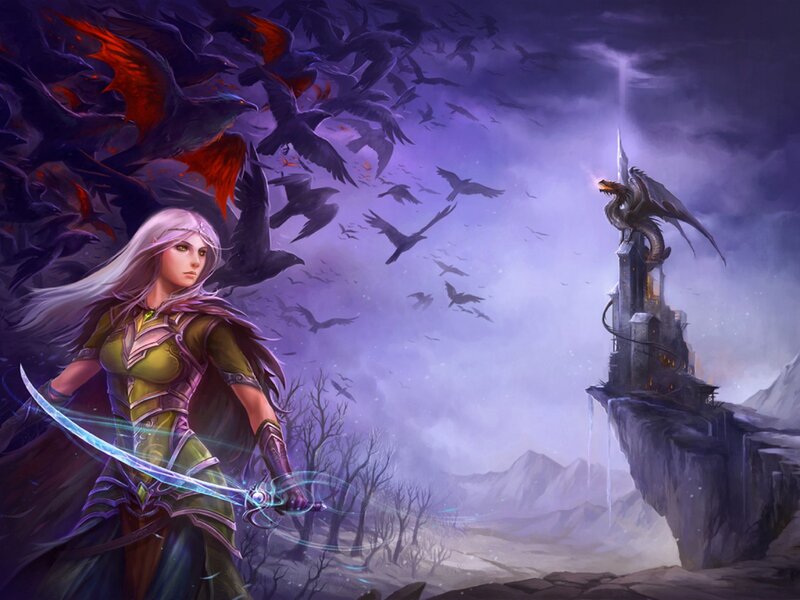 Elf Warrior with Sword — Purple, Dramatic, Night, Digital Art, Dragon