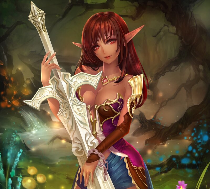 Elf Warrior with Sword — Purple, Dramatic, Night, Digital Art, Forest