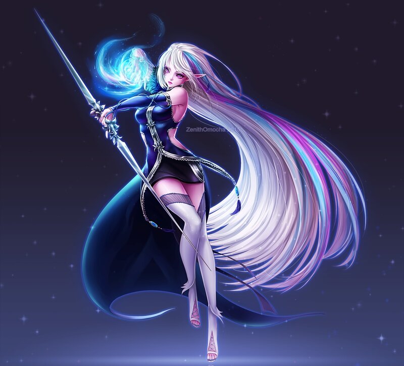 Elf Warrior with Sword — Purple, Dramatic, Night, Digital Art, Magic, Long Hair