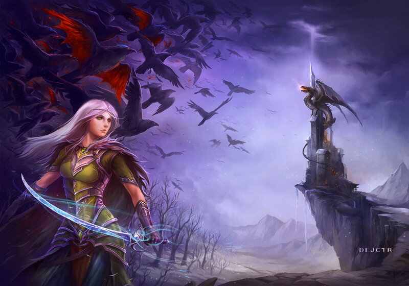 Elf Warrior with Sword — Purple, Dramatic, Night, Digital Art