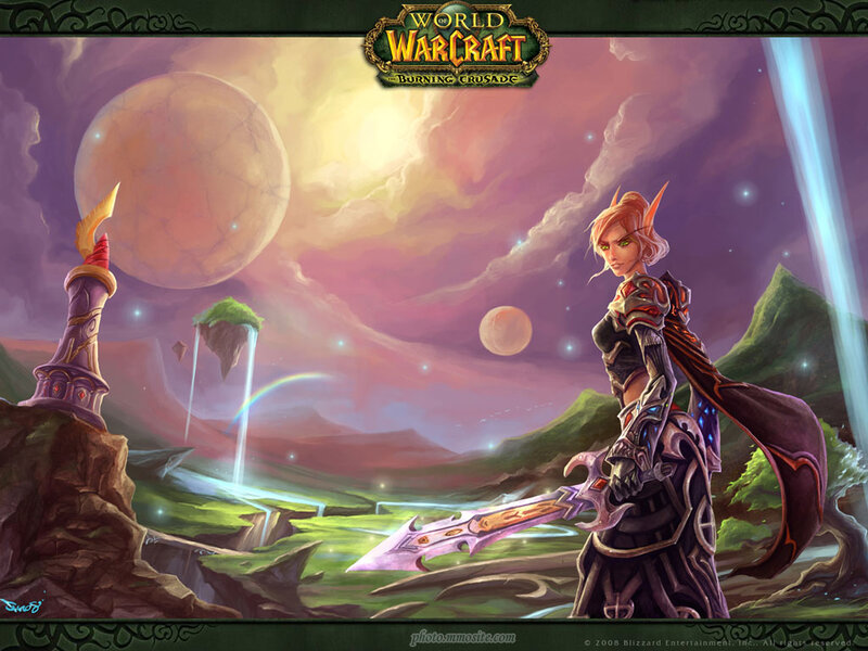 Elf Warrior with Sword — Purple, Dramatic, Sunset, Digital Art, Floating Islands