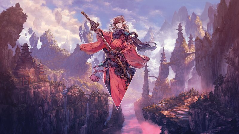 Elf Warrior with Sword — Purple, Dramatic, Sunset, Digital Art, Mountains