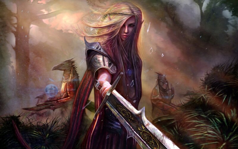 Elf Warrior with Sword — Purple, Dramatic, Sunset, Digital Art
