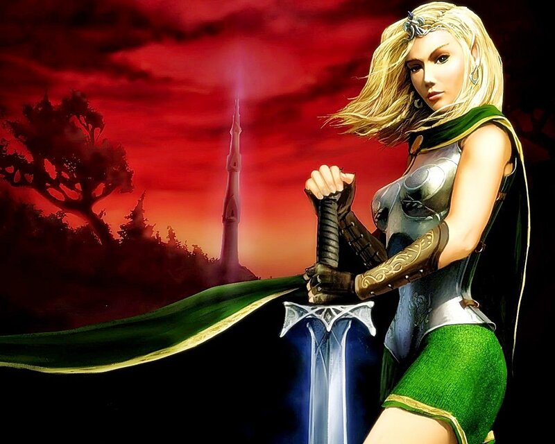 Elf Warrior with Sword — Red, Dramatic, Sunset, Digital Art, Tower