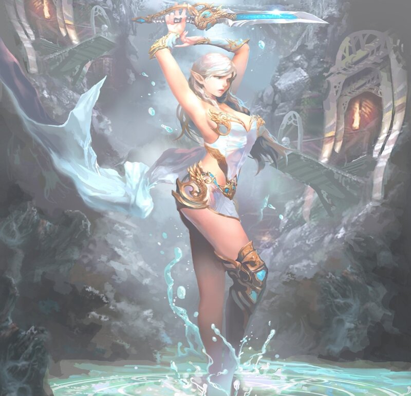 Elf Warrior with Sword — White, Dramatic, Digital Art