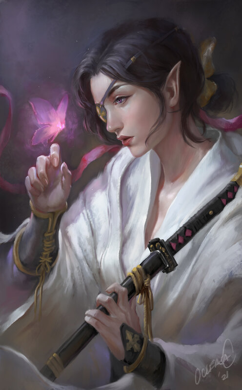 Elf Warrior with Sword — White, Dramatic, Night, Digital Art