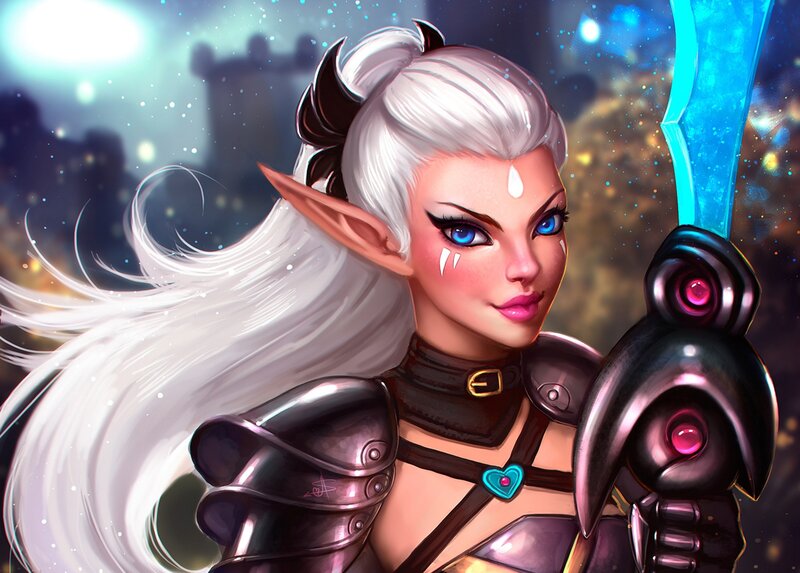 Elf Warrior with Sword — White, Dramatic, Night