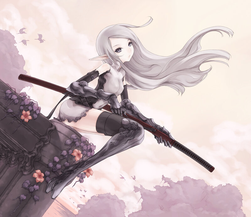 Elf Warrior with Sword — White, Serene, Sunset