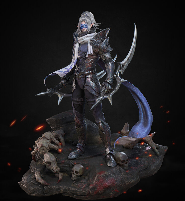 Elf Warrior with Swords — Black, Dark