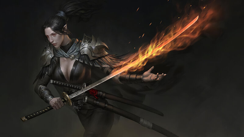 Elf Warrior with Swords — Black, Dramatic, Digital Art, Fire