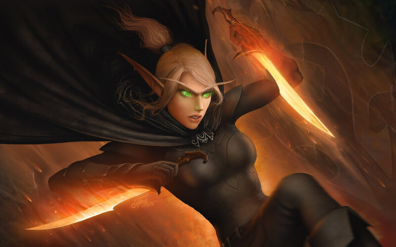 Elf Warrior with Swords — Black, Dramatic