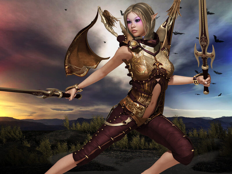 Elf Warrior with Swords — Gold