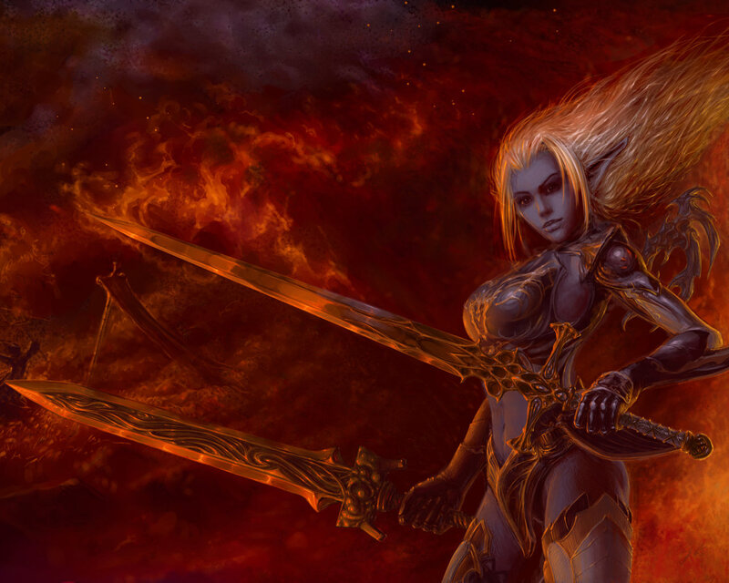 Elf Warrior with Swords — Red, Dramatic, Digital Art