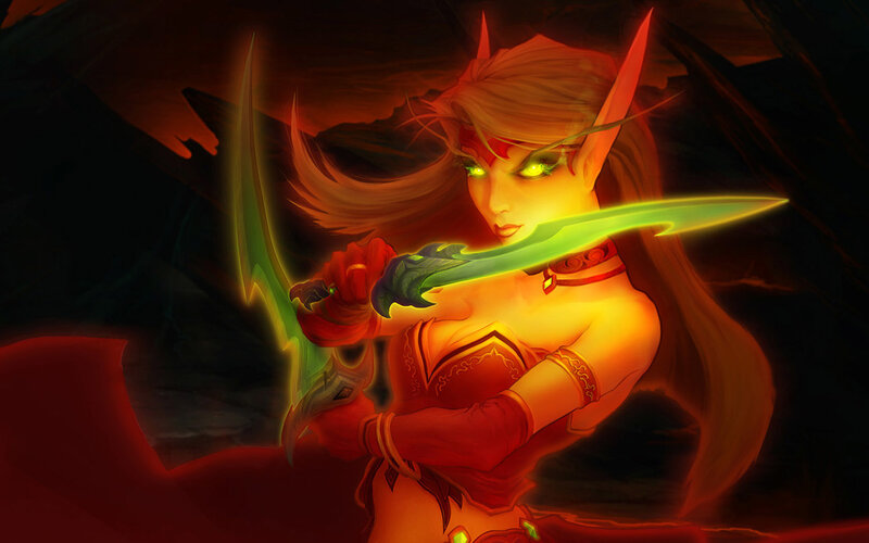 Elf Warrior with Swords — Red, Dramatic, Night, Digital Art