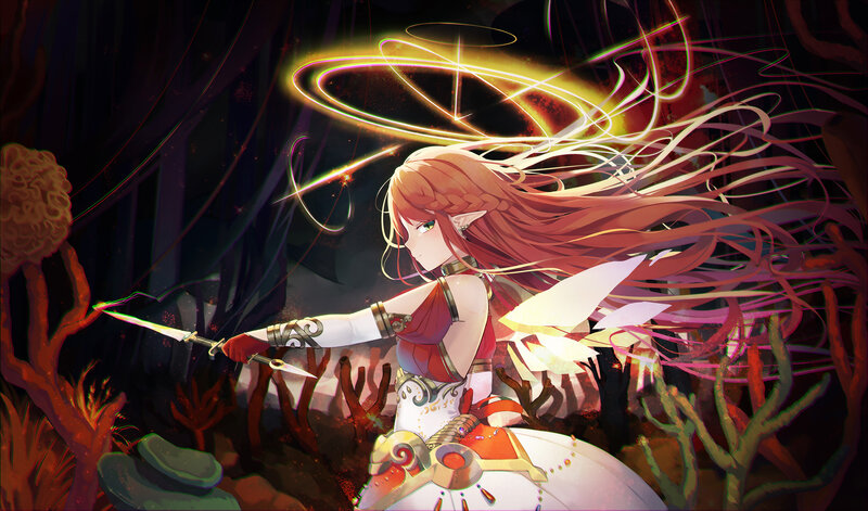Elf Warrior with Swords — Red, Dramatic, Night