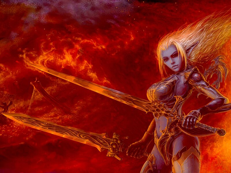 Elf Warrior with Swords — Red, Dramatic