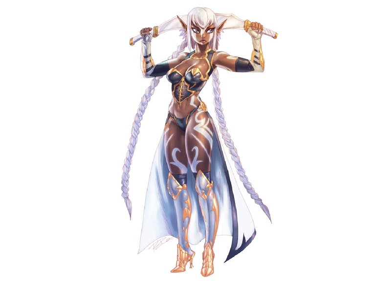 Elf Warrior with Swords — White, Confident