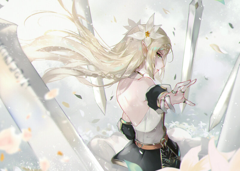 Elf Warrior with Swords — White, Dramatic