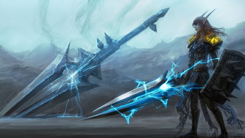 Elf Warrior with Weapons — Blue, Dramatic, Digital Art, Swords