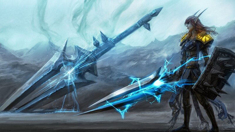 Elf Warrior with Weapons — Blue, Dramatic, Digital Art
