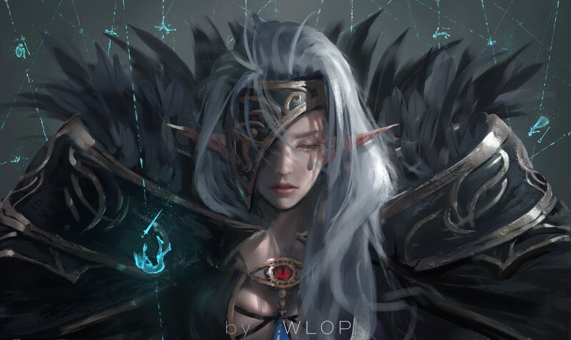 Elf Warrior with White Hair — Black, Dramatic