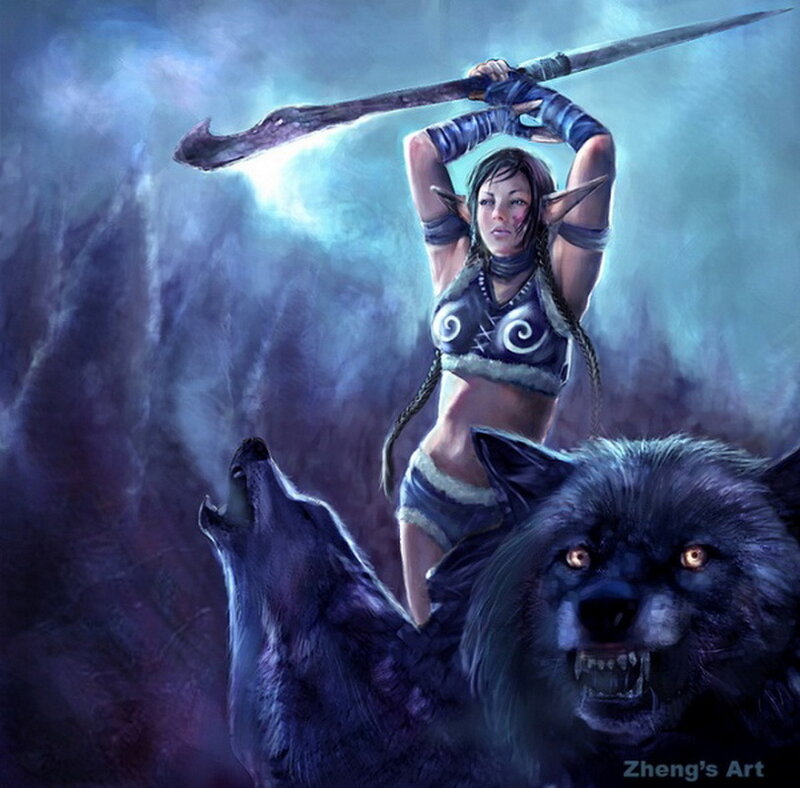 Elf Warrior with Wolves — Blue