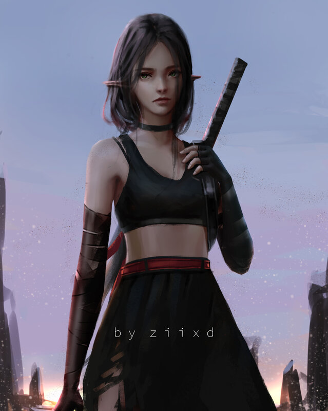 Elf Warrior Woman — Black, Dramatic, Sunset