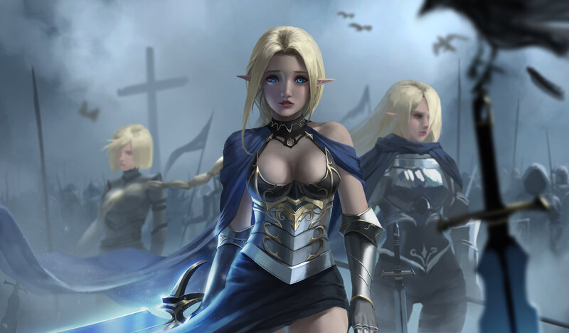 Elf Warrior Woman — Blue, Dramatic, Digital Art, Soldiers