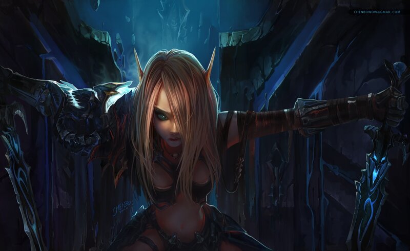 Elf Warrior Woman — Blue, Dramatic, Night, Digital Art, Sword, Armor, Cave