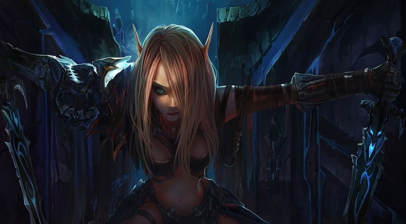 Elf Warrior Woman — Blue, Dramatic, Night, Digital Art, Swords