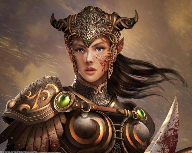 Elf Warrior Woman — Brown, Dramatic, Digital Art, Armor, Sword, Blood