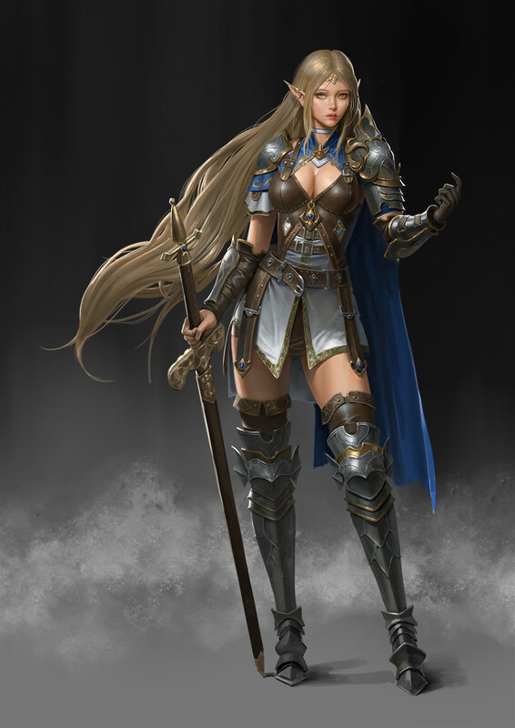 Elf Warrior Woman — Gray, Dramatic, Digital Art, Sword, Armor