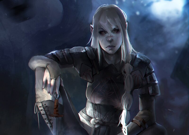Elf Warrior Woman — Gray, Dramatic, Night, Digital Art, Armor