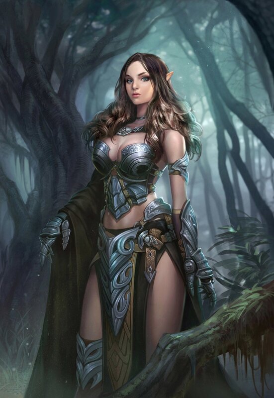 Elf Warrior Woman — Green, Dramatic, Night, Digital Art, Forest, Armor