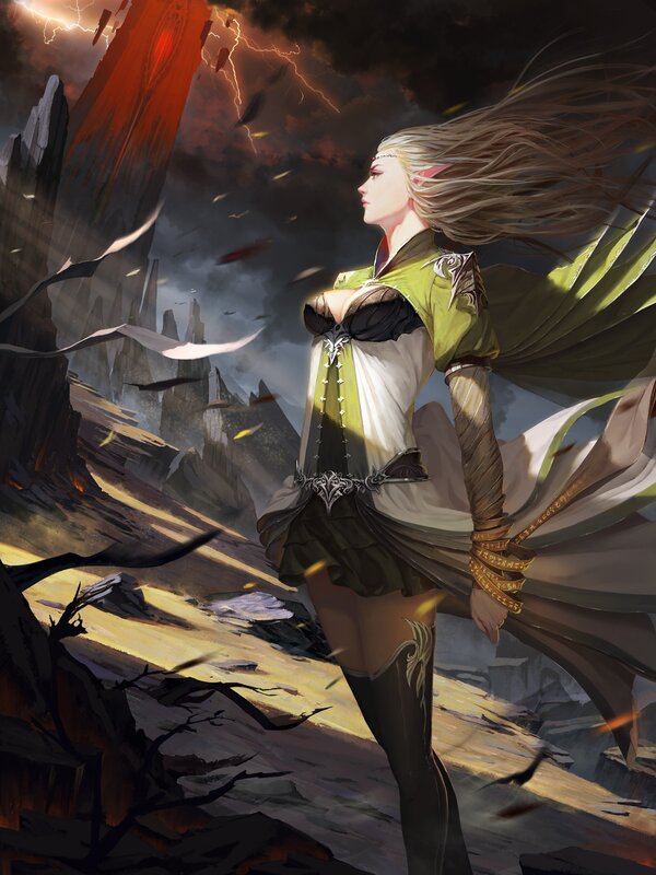 Elf Warrior Woman — Green, Dramatic, Night, Digital Art, Lightning