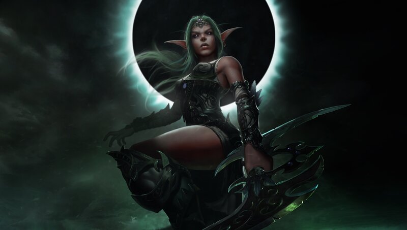 Elf Warrior Woman — Green, Dramatic, Night, Digital Art, Sword, Moon