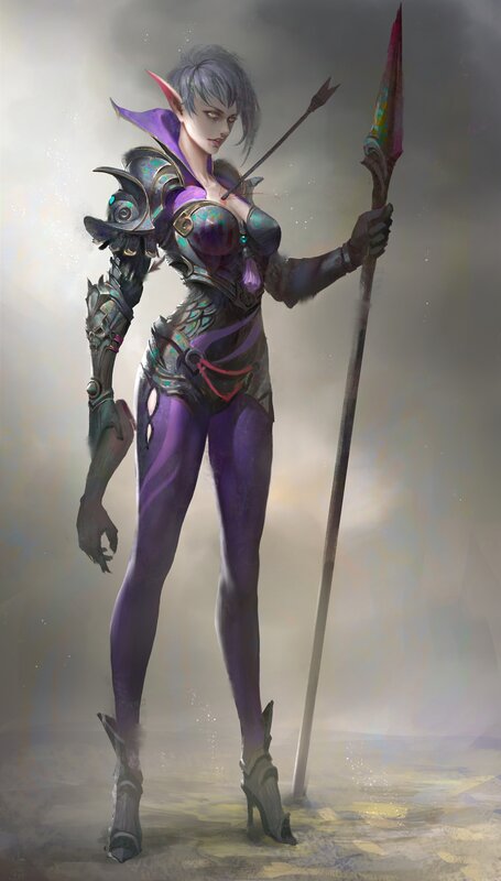 Elf Warrior Woman — Purple, Dramatic, Digital Art, Spear