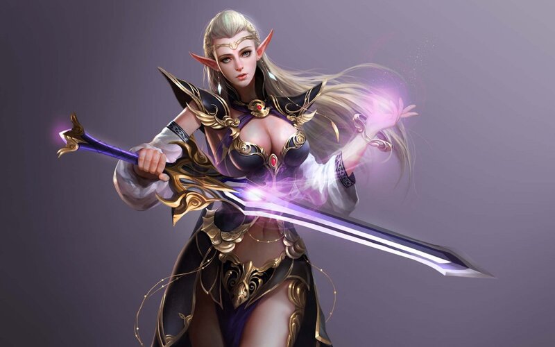 Elf Warrior Woman — Purple, Dramatic, Digital Art, Sword