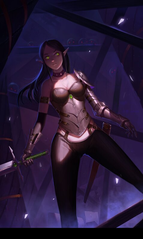 Elf Warrior Woman — Purple, Dramatic, Night, Digital Art, Sword, Armor