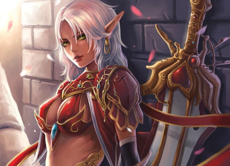 Elf Warrior Woman — Red, Dramatic, Digital Art, Sword, Armor, Stone Wall