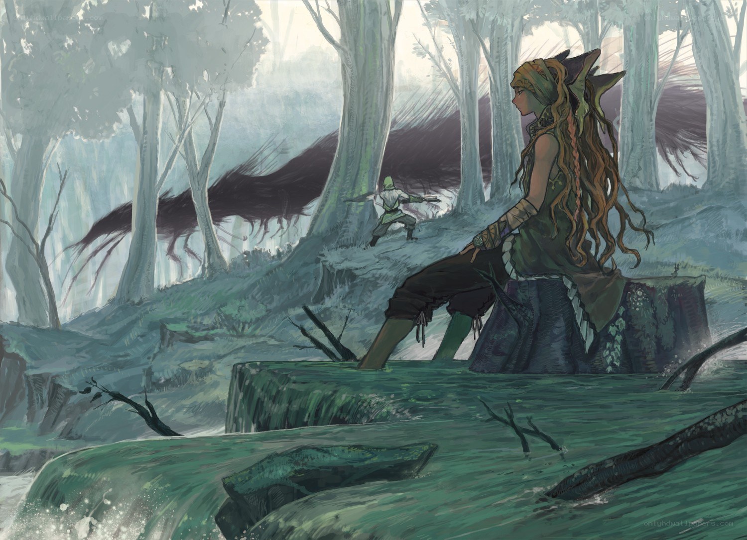 Elf warriors in a misty forest