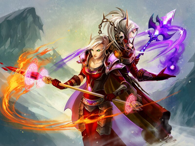 Elf Warriors in Combat — Red, Dramatic