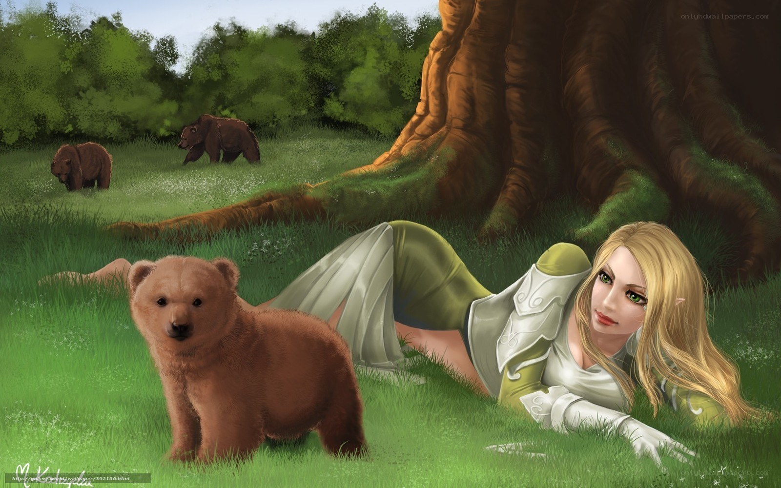 elf with bear cubs in forest