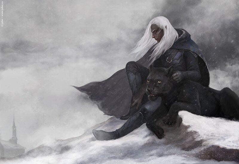 elf with black panther in snow