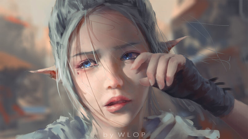 Elf with Blue Eyes — White, Dramatic, Digital Art