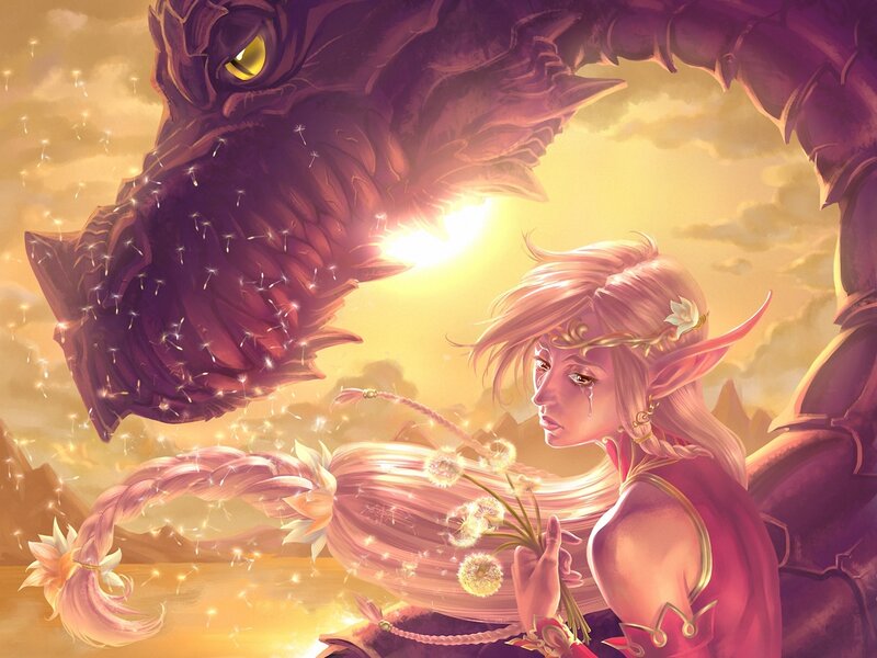elf with dragon at sunset