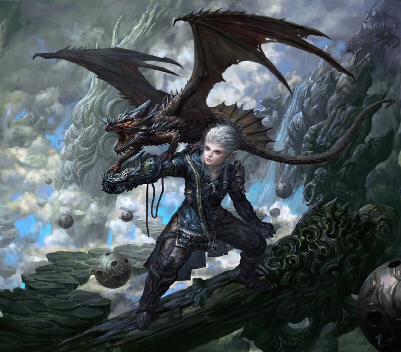Elf with Dragon Companion — Gray