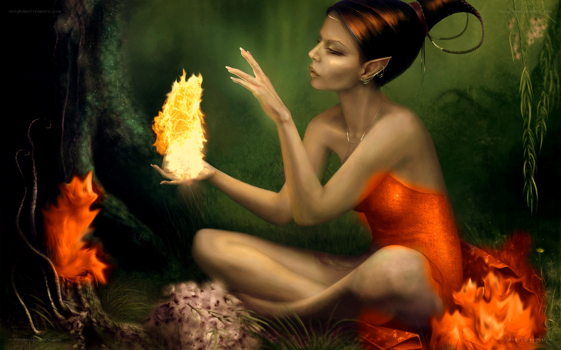 elf with fire in forest