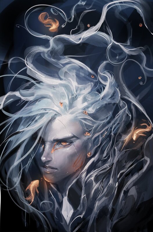 elf with glowing eyes and smoke