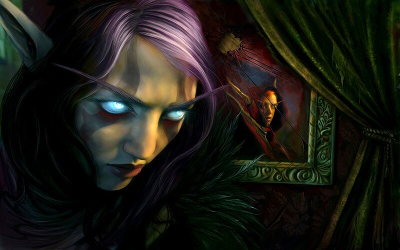 elf with glowing eyes in dark room